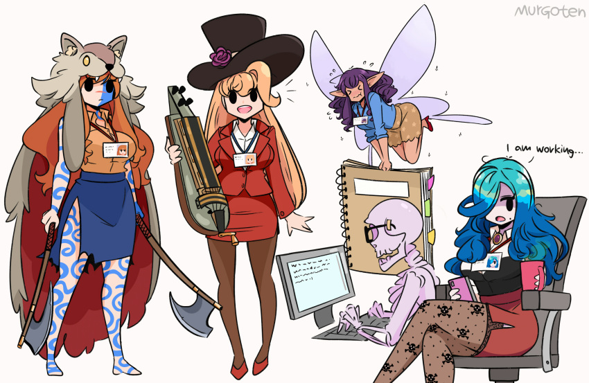 &gt;_&lt; 4girls :d axe bangs barefoot black_eyes blonde_hair blue_hair blue_lips breasts brown_pantyhose brown_thighhighs chair commentary crossed_legs dark-skinned_female dark_skin dual_wielding english_commentary english_text fairy flying_sweatdrops full-body_tattoo hair_over_one_eye hat highres holding holding_axe instrument keyboard_(computer) long_hair looking_at_viewer lute_(instrument) mole mole_under_mouth monitor multiple_girls murgoten name_tag office_lady original pantyhose pencil_skirt red_footwear simple_background skeleton skirt smile tattoo teeth thigh-highs top_hat torn_clothes torn_skirt white_background