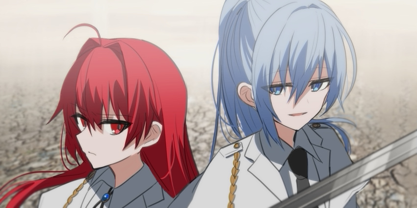 2girls ahoge bangs black_necktie blue_eyes blue_hair chihuri closed_mouth collared_shirt floating_hair hair_between_eyes hair_intakes highres jacket long_hair multiple_girls necktie original parted_lips red_eyes redhead shirt smile sword upper_body weapon white_jacket white_shirt