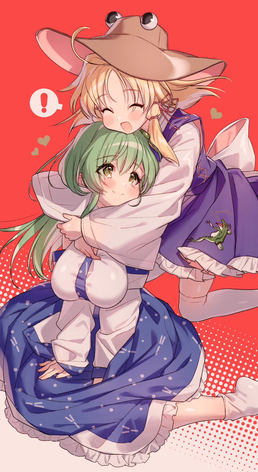 2girls absurdres blonde_hair dress frog_hair_ornament green_eyes green_hair hair_ornament hair_ribbon hat highres kochiya_sanae long_hair masanaga_(tsukasa) moriya_suwako multiple_girls red_background ribbon smile touhou