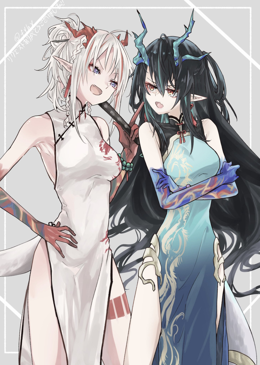 2girls an_fyhx aqua_dress arguing arknights bead_bracelet beads blue_skin bracelet breasts china_dress chinese_clothes colored_skin crossed_arms dragon_girl dragon_horns dragon_tail dress dusk_(arknights) dusk_(everything_is_a_miracle)_(arknights) earrings fiery_tail flame-tipped_tail folded_fan folding_fan gradient_skin green_horns green_skin hand_fan hand_fan_writing highres holding holding_fan horns jewelry leg_tattoo medium_breasts multiple_girls nian_(arknights) nian_(unfettered_freedom)_(arknights) official_alternate_costume open_mouth red_skin sleeveless sleeveless_dress tail tassel tassel_earrings tattoo
