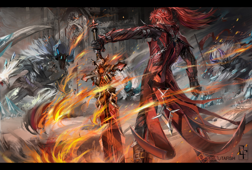 1boy absurdres black_gloves castle cauliisnotafish diluc_(genshin_impact) diluc_(red_dead_of_night)_(genshin_impact) english_commentary fire from_behind genshin_impact gloves highres holding holding_sword holding_weapon jacket letterboxed long_hair looking_at_viewer looking_back male_focus monster official_alternate_costume ponytail red_eyes red_jacket redhead solo_focus sword twitter_username weapon
