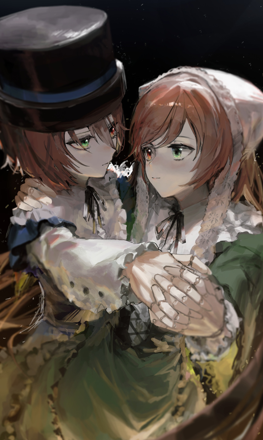 2girls absurdres arm_around_neck bangs black_background black_headwear black_ribbon blush bonnet brown_hair closed_mouth doll_joints dress frilled_sleeves frills green_dress green_eyes hair_between_eyes hat heterochromia highres holding_hands joints long_hair long_sleeves looking_at_another multiple_girls neck_ribbon red_eyes ribbon rozen_maiden rsef shirt simple_background souseiseki suiseiseki very_long_hair white_shirt