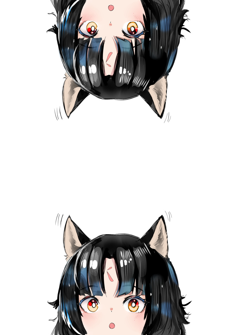 2girls :o absurdres animal_ears arknights bangs black_hair commentary dog_ears dual_persona facial_mark forehead_mark highres multiple_girls open_mouth orange_eyes saga_(arknights) simple_background upside-down wawamachi_(wawamachis) white_background