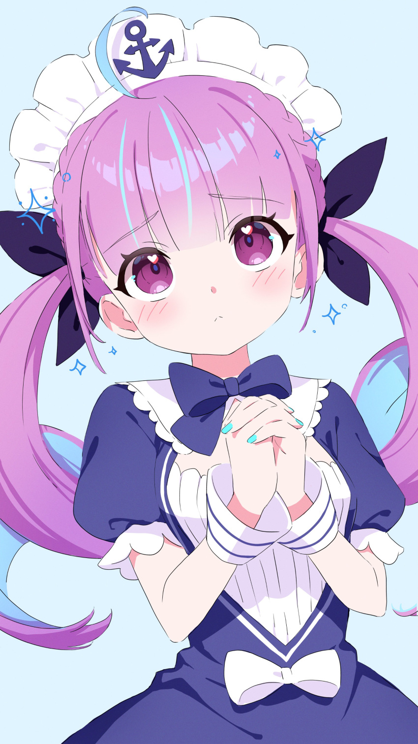 1girl absurdres anchor_symbol bangs blue_background blue_bow blue_bowtie blue_dress blue_hair blue_nails blunt_bangs blush bow bowtie cleavage_cutout clothing_cutout dress frilled_sleeves frills gaogao_(gaogaomegu) hair_ribbon heart heart_in_eye highres hololive maid maid_headdress minato_aqua multicolored_hair nail_polish own_hands_clasped own_hands_together pink_eyes pink_hair puffy_sleeves purple_ribbon ribbon sad sidelocks simple_background sparkle symbol_in_eye twintails two-tone_hair white_bow white_headwear