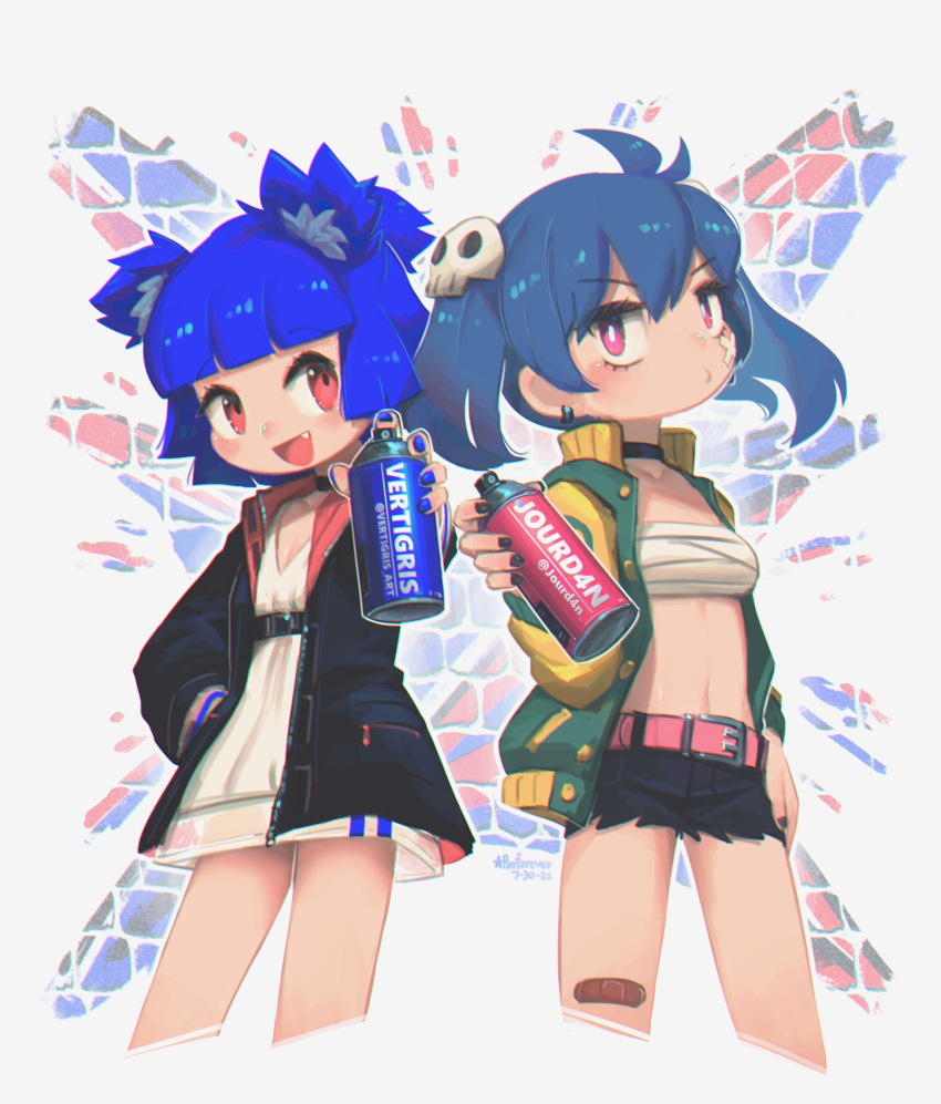 2girls ahoge animal_ears bandaid bandaid_on_cheek bandaid_on_face bear_ears black_jacket black_nails black_shorts blue_hair blue_nails borrowed_character breasts budget_sarashi cropped_legs crossed_bandaids crossover cutoffs dress earrings english_commentary fang fingernails flat_chest green_jacket gris_(vertigris) hair_ornament hand_in_pocket highres holding jacket jewelry ji-yoon_(jourd4n) multiple_girls open_clothes open_jacket original porforever red_eyes sarashi short_dress short_hair short_twintails shorts skull_hair_ornament small_breasts spray_can tomboy track_jacket twintails violet_eyes white_dress