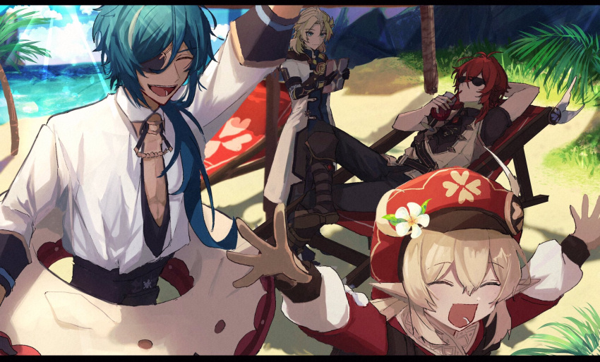 1girl 3boys 403pa ^_^ albedo_(genshin_impact) bangs beach beach_chair blonde_hair blue_hair boots braid brown_bag cabbie_hat child closed_eyes coat crossed_bangs cup dark-skinned_male dark_skin diluc_(genshin_impact) drinking_straw eyepatch female_child french_braid genshin_impact gloves hair_between_eyes hat hat_feather highres holding innertube kaeya_(genshin_impact) klee_(genshin_impact) light_brown_hair long_hair long_sleeves medium_hair multiple_boys ocean open_clothes open_coat open_mouth palm_tree parted_bangs pointy_ears ponytail reading red_headwear redhead short_sleeves sunglasses sunlight tree