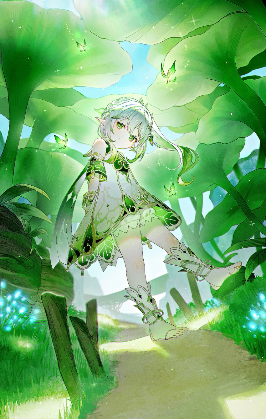 1girl bangs bloomers bracelet cape crystalfly_(genshin_impact) detached_sleeves dress female_child genshin_impact gradient_hair green_cape green_eyes green_hair hair_ornament haragaita_i highres jewelry kusanali_(genshin_impact) leaf_hair_ornament long_hair looking_at_viewer multicolored_hair nahida_(genshin_impact) outdoors pointy_ears side_ponytail smile solo toeless_footwear underwear white_bloomers white_dress white_footwear white_hair