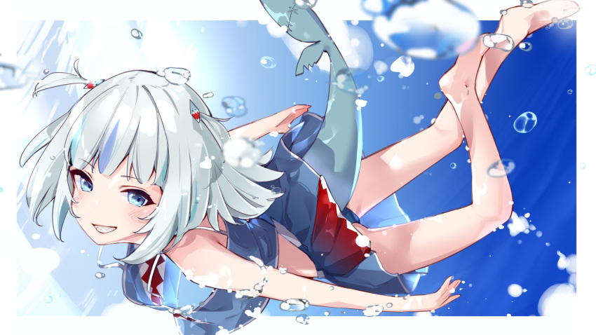 1girl blue_eyes blue_hair blue_panties blue_shirt blue_skirt breasts bubble commentary english_commentary fish_tail gawr_gura grin hair_ornament highres hololive hololive_english looking_at_viewer medium_hair panties shark_girl shark_hair_ornament shark_tail shirt short_twintails skirt small_breasts smile tail twintails underwear virtual_youtuber water white_hair yuyaiyaui