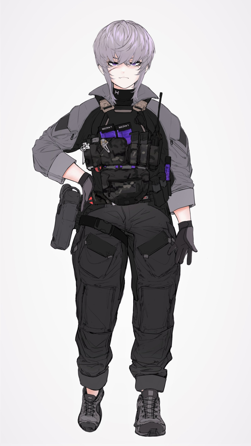 1girl absurdres alma01 ammunition_pouch bangs blue_eyes bulletproof_vest fang fanny_pack folding_knife full_body gloves gun hand_on_hip handgun highres hood hoodie long_bangs mole mole_under_eye original pants pants_rolled_up pouch radio shoes short_hair sneakers tactical_clothes turtleneck weapon white_background white_hair