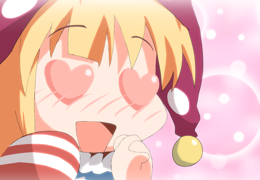 1girl american_flag_shirt bad_link bangs blonde_hair clownpiece commentary_request derivative_work hands_up hat heart heart-shaped_pupils jester_cap long_hair looking_to_the_side neck_ruff open_mouth own_hands_together pink_background polka_dot purple_headwear shiratsuki_shiori shirt short_sleeves smile solo star_(symbol) star_print striped striped_shirt symbol-shaped_pupils tongue touhou