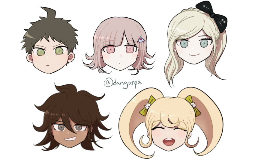 1boy 4girls :d ahoge artist_name bangs black_bow blunt_bangs bow brown_eyes brown_hair cat_hair_ornament closed_eyes closed_mouth cropped_shoulders danganronpa_(series) danganronpa_2:_goodbye_despair dangyu_(danganpa) facing_viewer flipped_hair frown galaga green_bow grey_background grin hair_bow hair_ornament happy highres hinata_hajime long_hair medium_hair messy_hair multiple_girls nanami_chiaki owari_akane pink_eyes saionji_hiyoko shiny shiny_hair short_hair simple_background smile sonia_nevermind teeth twintails