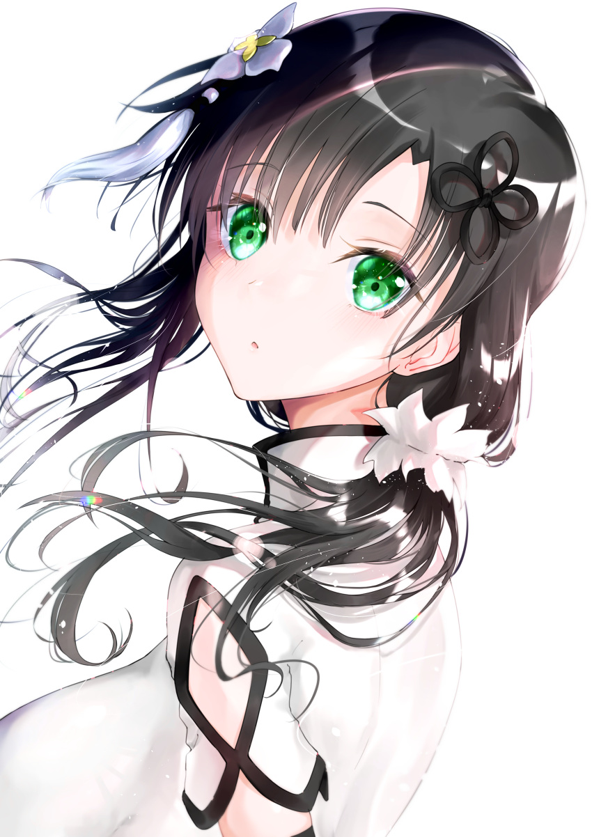 1girl absurdres arm_cutout arm_strap assault_lily bangs black_hair breasts clothing_cutout commentary_request floating_hair flower flower_knot from_side green_eyes hair_between_eyes hair_flower hair_ornament hair_scrunchie highres lens_flare light_blush light_particles long_hair looking_at_viewer looking_to_the_side low_ponytail medium_breasts meen_(ouaughikepdvrsf) parted_lips scarf scrunchie shiny shiny_hair shirt side_ponytail solo tassel tassel_hair_ornament upper_body wang_yujia white_scarf white_shirt