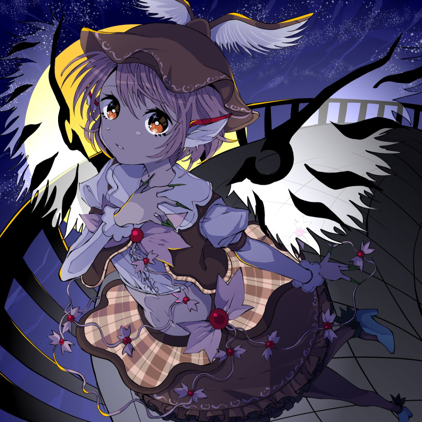 1girl adapted_costume animal_ears bird_ears bird_wings brown_dress brown_eyes brown_headwear brown_thighhighs dress fingernails frilled_dress frills green_nails hat highres juliet_sleeves koshianpancake long_fingernails long_sleeves mystia_lorelei nail_polish open_mouth pink_hair puffy_sleeves sharp_fingernails short_hair solo thigh-highs touhou white_wings winged_hat wings