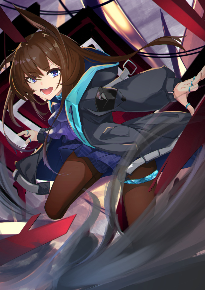 1girl amiya_(arknights) animal_ears arknights ascot black_pantyhose blue_ascot blue_eyes blue_skirt brown_hair fighting_stance highres hood hood_down hooded_jacket jacket jewelry long_hair long_sleeves looking_at_viewer multiple_rings open_clothes open_jacket open_mouth pantyhose rabbit_ears rabbit_girl ring sidelocks skirt solo tamano_nae teeth thumb_ring