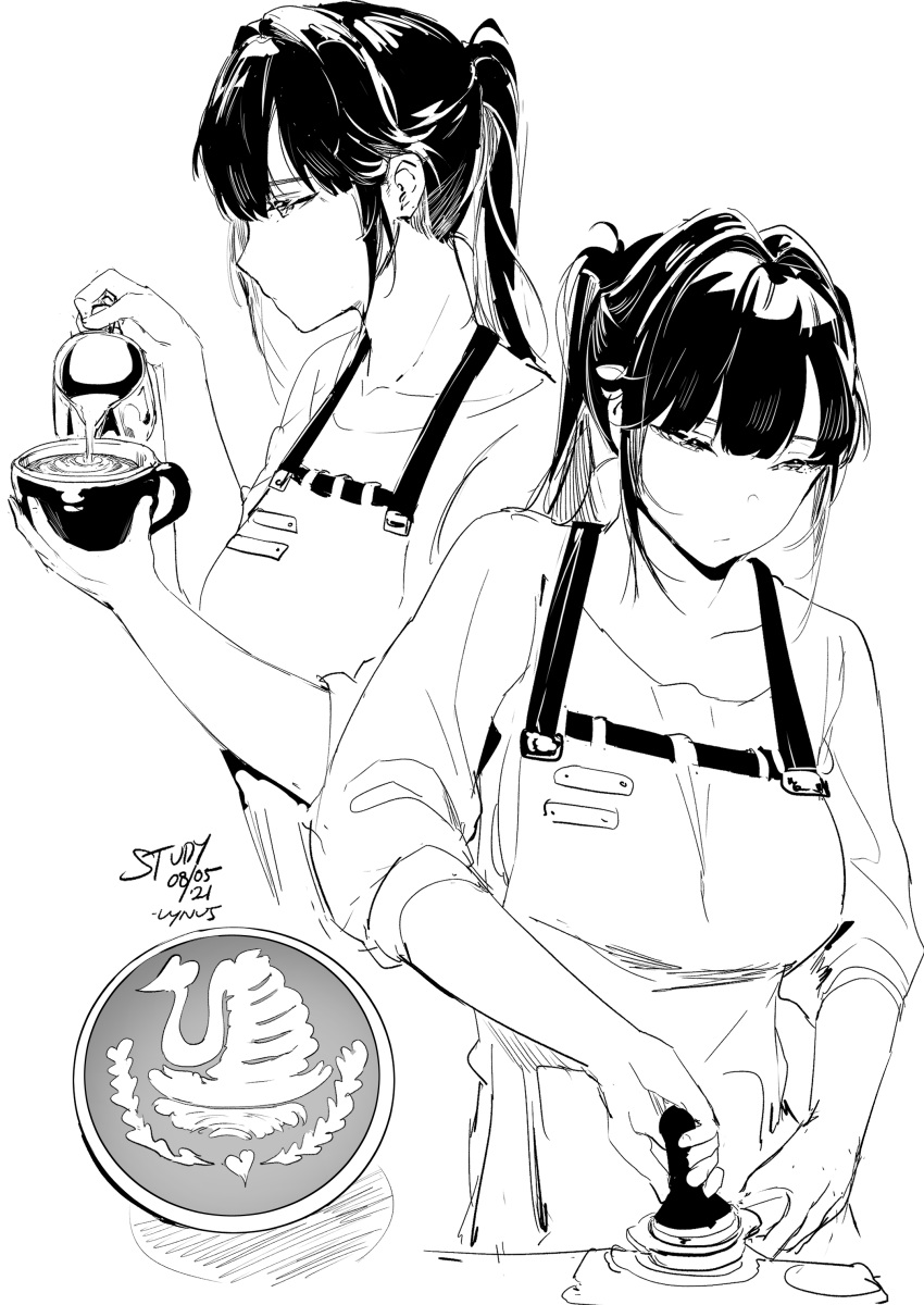 1girl absurdres apron bow breasts coffee collarbone cup hair_bow hair_intakes highres large_breasts long_hair looking_down lynus milk monochrome naoko-san original ponytail profile solo