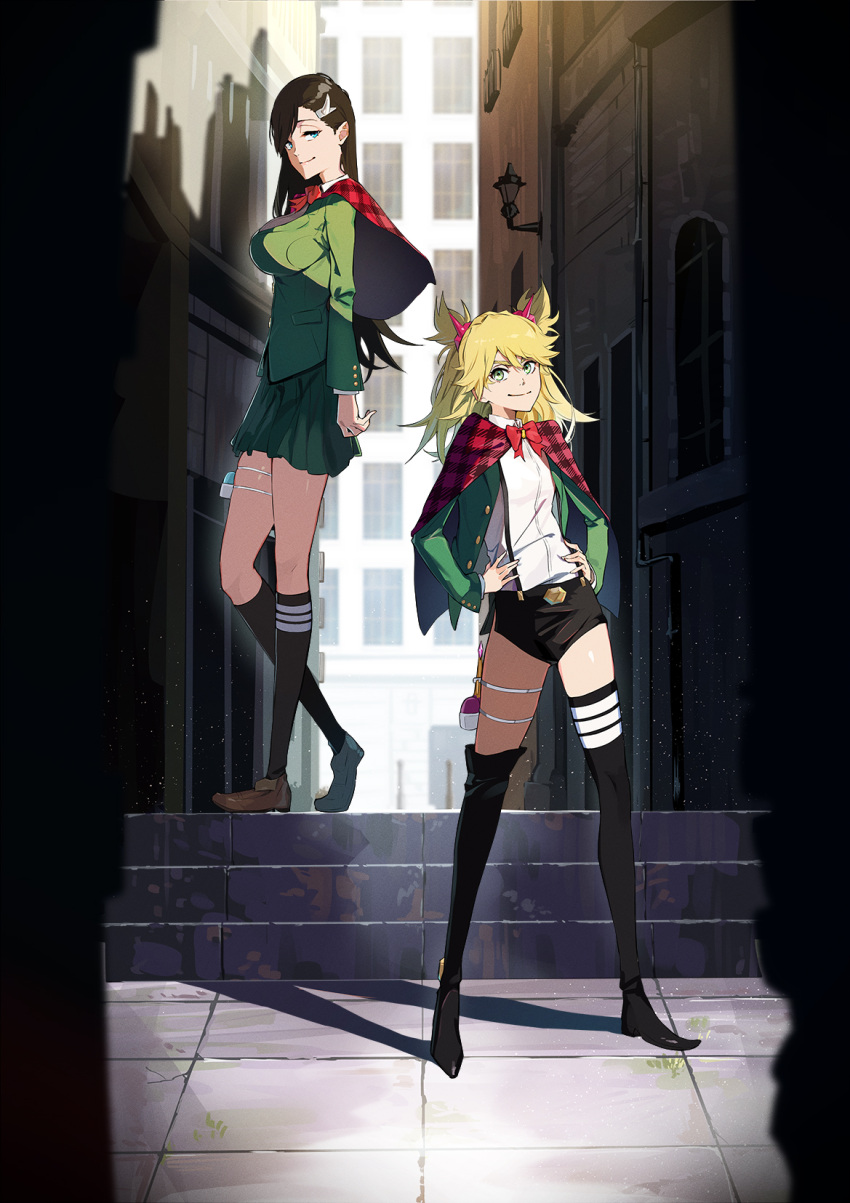 2girls belt belt_buckle black_footwear black_socks blonde_hair blue_eyes boots bow breasts brown_footwear brown_hair buckle building burn_the_witch capelet closed_mouth day film_grain gem green_eyes green_serafuku green_skirt hair_between_eyes hair_ornament hairclip half-closed_eyes hands_on_hips highres ibaraki_shun lantern large_breasts light_particles long_hair looking_at_viewer multiple_girls niihashi_noel ninny_spangcole outdoors plaid plaid_cape purple_gemstone red_bow red_capelet school_uniform serafuku shadow short_twintails silhouette skindentation skirt smile socks spikes stairs thigh_boots thigh_strap twintails uniform wand window