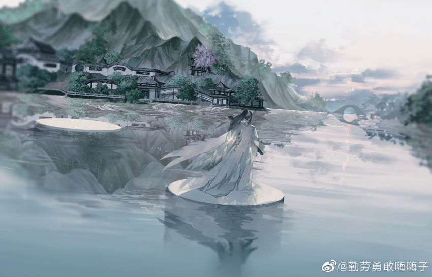 1boy architecture black_hair blue_sky bridge building clouds cloudy_sky dark east_asian_architecture formal from_behind gou_haihaihaihai highres landscape long_sleeves mountain nature original platform ponytail reflection reflective_water scenery sky suit tree water white_suit