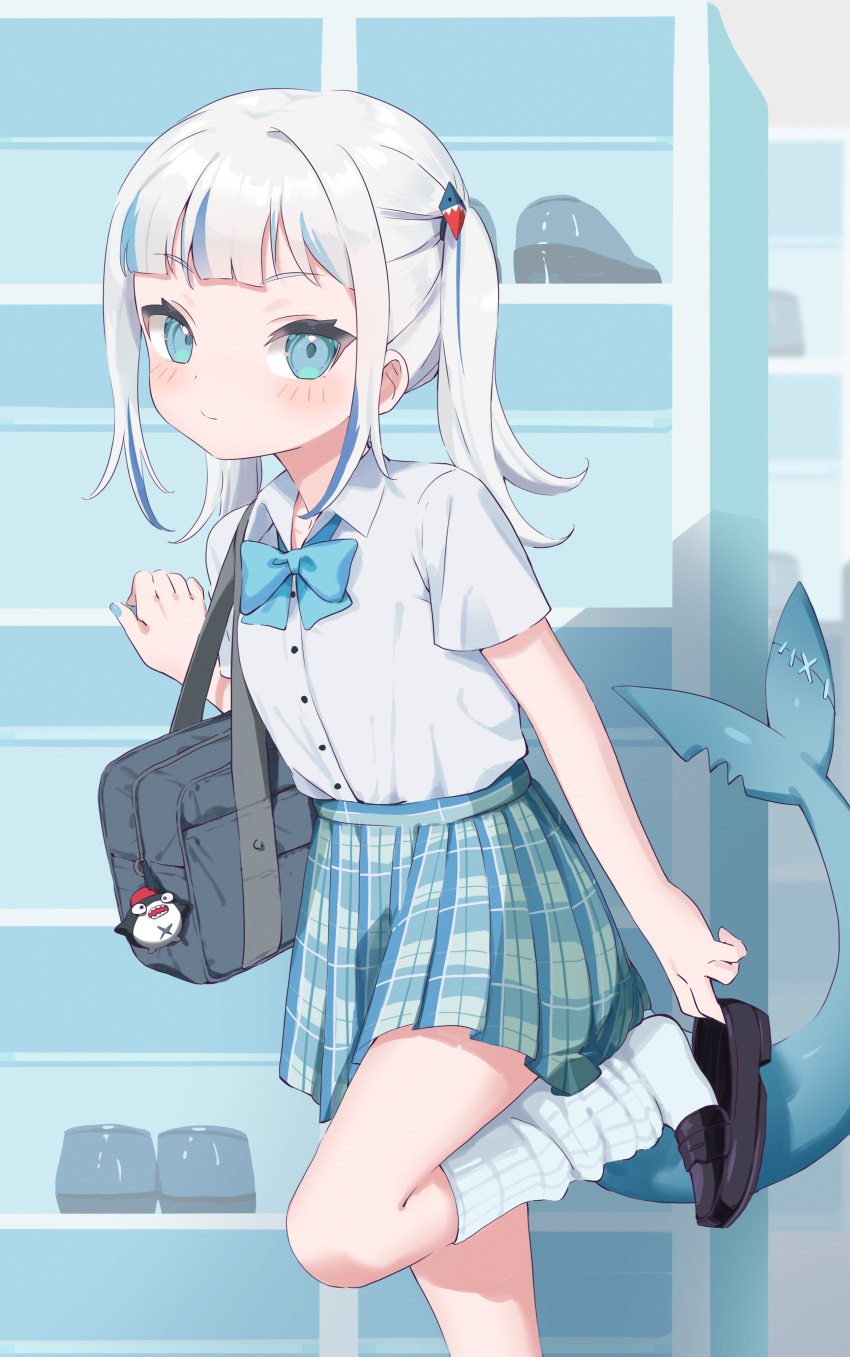 1girl absurdres bag bangs black_footwear bloop_(gawr_gura) blue_bow blue_bowtie blue_eyes blue_hair blue_skirt blunt_bangs blush bow bowtie checkered_clothes checkered_skirt collared_shirt fish_tail gaogao_(gaogaomegu) gawr_gura green_skirt grey_bag hair_ornament highres hololive hololive_english leaning_on_object looking_at_viewer loose_socks mary_janes multicolored_hair pleated_skirt removing_shoes school_bag school_uniform shark_girl shark_hair_ornament shark_tail shirt shoe_locker shoes sidelocks skirt smile socks stitches tail twintails two-tone_hair uwabaki white_hair white_shirt white_socks