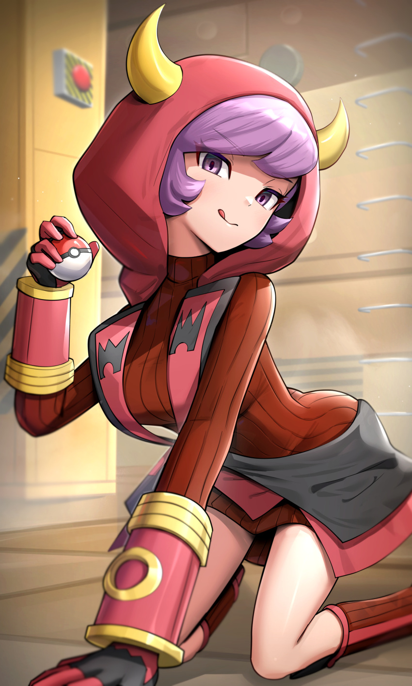 1girl absurdres courtney_(pokemon) fake_horns gonzarez highres holding holding_poke_ball hood horned_headwear horned_hood horns poke_ball poke_ball_(basic) pokemon pokemon_(game) pokemon_oras solo team_magma team_magma_uniform