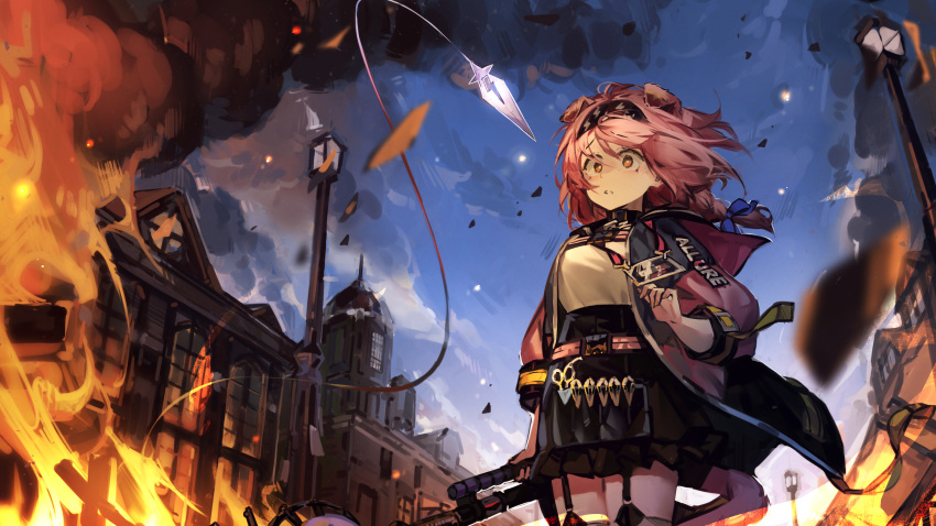 1girl animal_ears arknights black_hairband black_skirt blue_bow blue_jacket blue_sky bow braid building cat_ears cat_girl cat_tail city cowboy_shot fire floppy_ears garter_straps goldenglow_(arknights) hair_bow hairband highres holding id_card jacket lamppost libiadan lightning_bolt_print long_hair multicolored_clothes multicolored_jacket night night_sky open_clothes open_jacket outdoors pink_hair pink_jacket print_hairband scissors shirt skirt sky smoke solo tail thigh-highs two-tone_jacket white_shirt white_thighhighs wind yellow_eyes