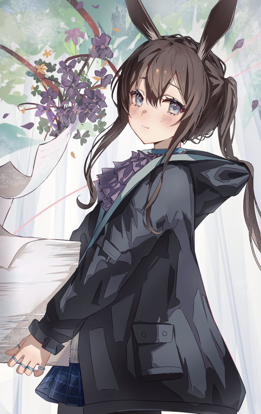 1girl absurdres amiya_(arknights) animal_ear_fluff animal_ears aofo arknights ascot black_coat blue_eyes blue_skirt blush brown_hair carrying closed_mouth coat flower from_side highres hood hood_down hooded_coat jewelry long_hair long_sleeves looking_at_viewer looking_to_the_side miniskirt multiple_rings open_clothes open_coat paper_stack petals ponytail purple_ascot purple_flower rabbit_ears ring sidelocks skirt smile solo