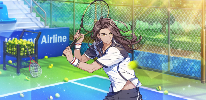 1boy afterl!fe ball brown_hair dark-skinned_male dark_skin facing_to_the_side highres kirr_(afterl!fe) long_hair looking_to_the_side male_focus official_art playing_sports racket second-party_source solo tennis tennis_ball tennis_court tennis_racket yellow_eyes