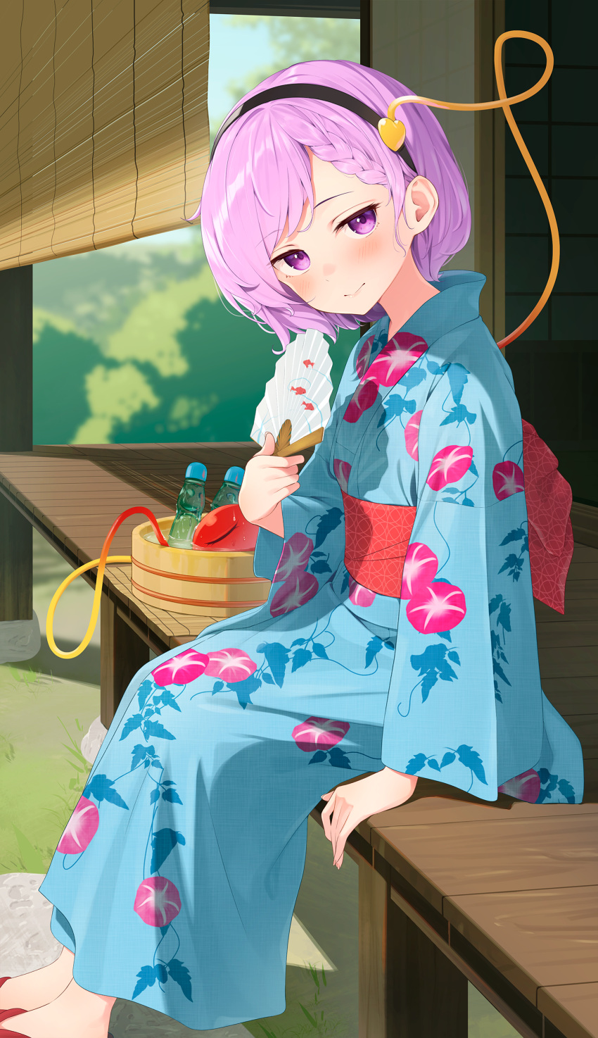 1girl absurdres alternate_costume arm_support back_bow basket black_hairband blue_kimono blush bottle bow braid bush closed_mouth commentary floral_print full_body geta grass hair_ornament hairband hand_fan heart heart_hair_ornament highres holding holding_fan japanese_clothes kanpa_(campagne_9) kimono komeiji_satori lips looking_at_viewer obi purple_hair red_bow red_footwear sash short_hair sitting smile solo third_eye touhou veranda violet_eyes water yukata