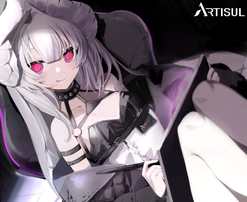 1girl arm_strap artisul bare_shoulders chair closed_mouth clothes_writing collarbone copyright_name drawing_tablet dutch_angle english_text fingernails grey_hair hair_between_eyes highres holding holding_drawing_tablet holding_stylus horns jacket long_hair looking_at_viewer padded_jacket pantyhose red_pupils sitting sleeves_past_wrists smile solo stylus tongue tongue_out violet_eyes white_horns white_pantyhose zi_terani zipper zipper_pull_tab