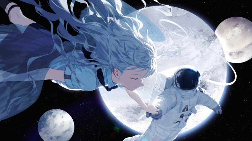 1girl 1other astronaut black_necktie black_shorts closed_eyes collared_shirt floating floating_hair highres holding_hands kazari_tayu long_hair necktie original planet shirt short_sleeves shorts space space_helmet spacesuit star_(sky) white_hair white_shirt wings zero_gravity