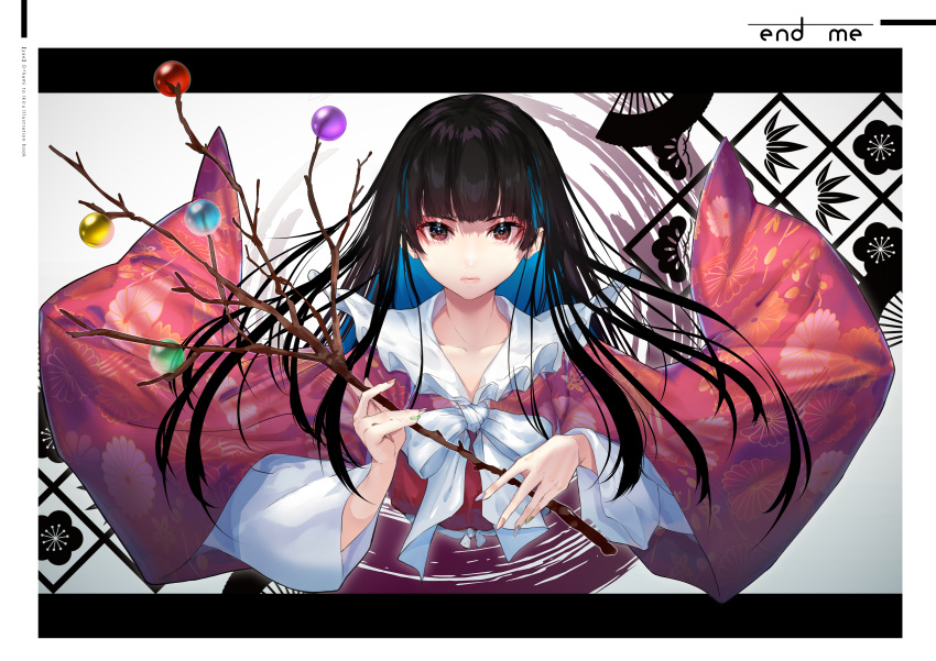 1girl absurdres ascot bangs black_hair blue_hair blunt_bangs bow bowtie branch breasts brown_flower closed_mouth collared_shirt colored_inner_hair commentary_request eyelashes fingernails floral_print flower frills green_nails hand_up highres hime_cut houraisan_kaguya japanese_clothes jeweled_branch_of_hourai letterboxed long_fingernails long_hair long_sleeves looking_at_viewer multicolored_hair partially_submerged pink_nails pink_shirt purple_nails red_skirt ripples shirt skirt solo standing touhou treasure two-tone_hair very_long_hair water white_ascot white_background white_bow white_bowtie wide_sleeves yae_(mono110) yellow_eyes