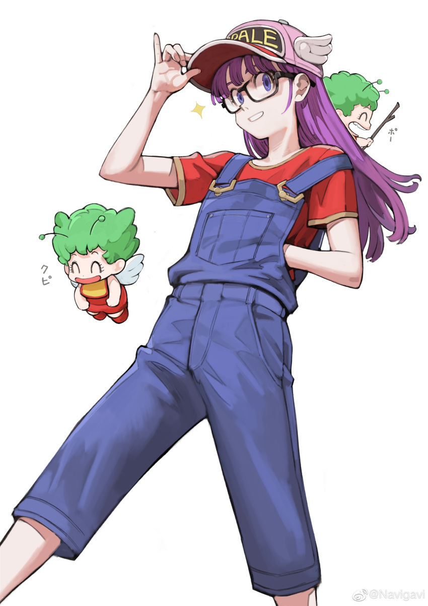 1girl 1other ^_^ absurdres antennae baseball_cap bib_overalls black-framed_eyewear closed_eyes dr._slump glasses green_hair hand_on_headwear hat highres jun_(seojh1029) long_hair looking_at_viewer norimaki_arale norimaki_gajira overalls red_shirt shirt short_sleeves smile solo sparkle stick violet_eyes walking weibo_logo weibo_username white_background winged_hat wings