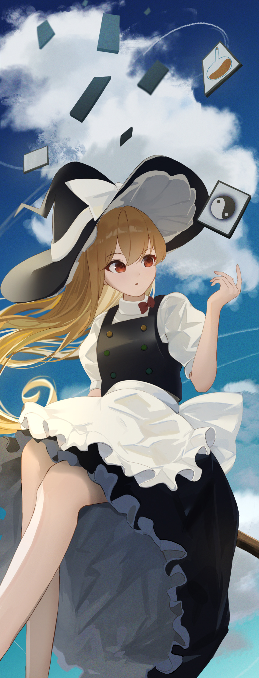 100th_black_market 1girl absurdres alternate_eye_color alternate_hair_color apron back_bow bangs black_dress black_headwear blonde_hair blue_sky bow breasts broom broom_riding brown_hair buttons card card_(medium) clouds cloudy_sky commentary_request dress flying gradient gradient_hair gradient_sky hair_between_eyes hand_up hat hat_bow highres kirisame_marisa light_brown_hair long_hair looking_to_the_side medium_breasts multicolored_hair open_mouth palulap pointing puffy_short_sleeves puffy_sleeves red_bow red_eyes shirt short_sleeves sitting sky solo test_tube touhou white_apron white_bow white_shirt witch_hat yin_yang
