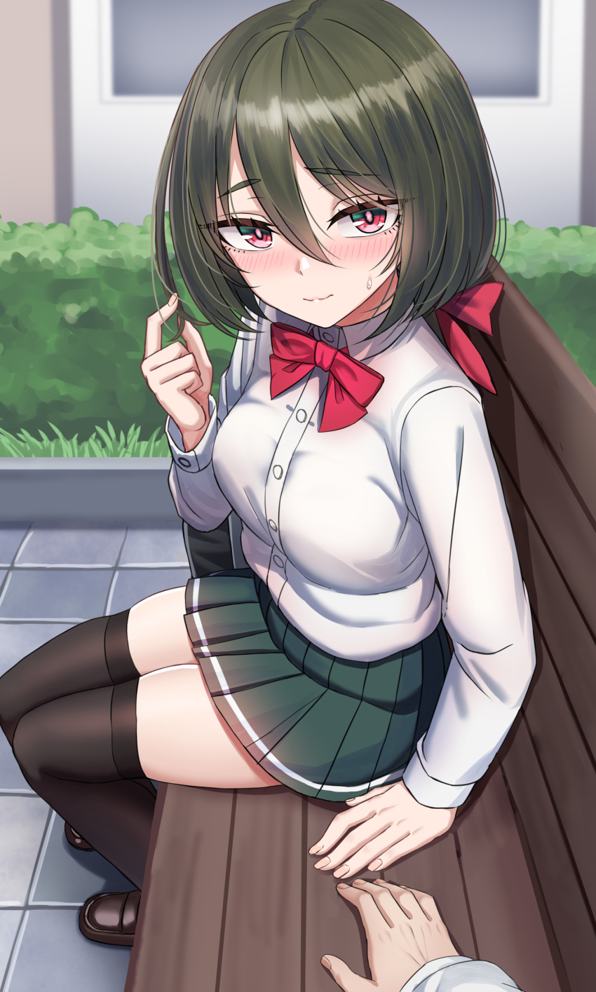 1girl absurdres bench black_thighhighs blurry blurry_background blush breasts brown_footwear bush buttons closed_mouth green_hair green_skirt hair_between_eyes highres loafers long_sleeves looking_at_viewer original outdoors pleated_skirt red_eyes revision sayano_(yakob_labo) shirt shoes sitting skirt solo_focus thigh-highs white_shirt yakob_labo