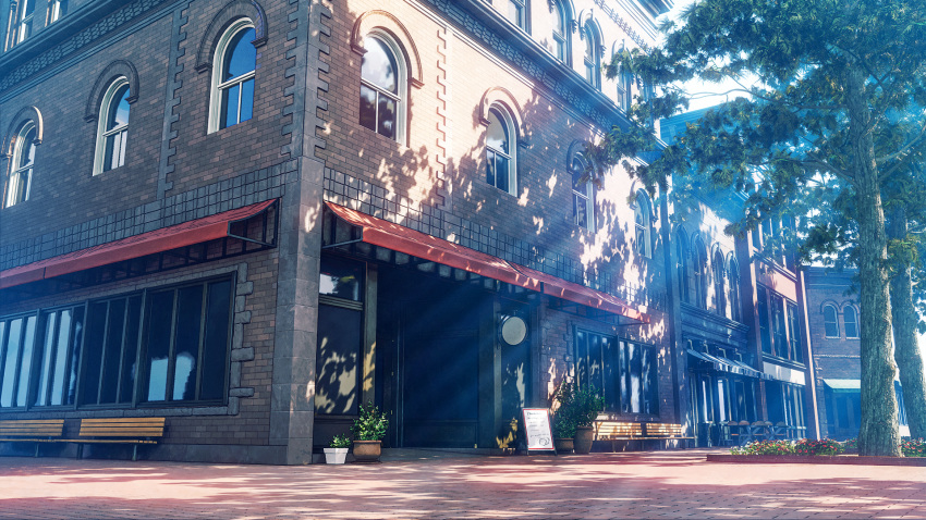 awning bench building bush chair commentary_request dappled_sunlight day flower hachio81 highres light_rays no_humans original outdoors plant potted_plant scenery shadow sidewalk sign sunlight tree window