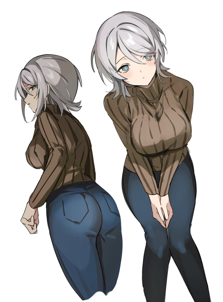 1girl back bangs blue_eyes blush breasts denim highres jeans large_breasts limbus_company long_sleeves looking_at_viewer mu46016419 own_hands_together pants project_moon short_hair simple_background sweater turtleneck turtleneck_sweater v_arms white_hair
