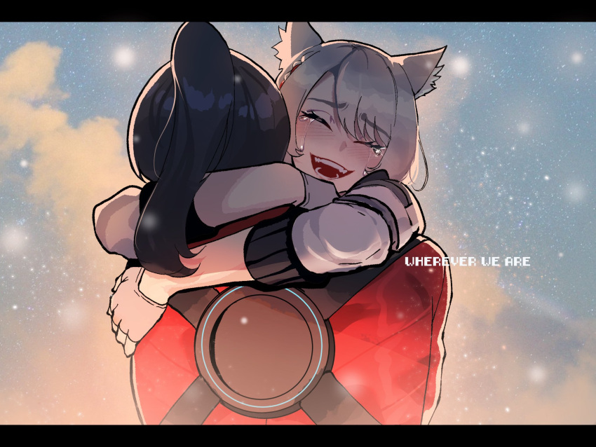 1boy 1girl animal_ears bangs black_hair blue_eyes cat_ears closed_eyes couple crying hair_tie highres hug jacket long_hair mio_(xenoblade) noah_(xenoblade) nyantcha ponytail red_jacket short_hair smile tears white_jacket xenoblade_chronicles_(series) xenoblade_chronicles_3