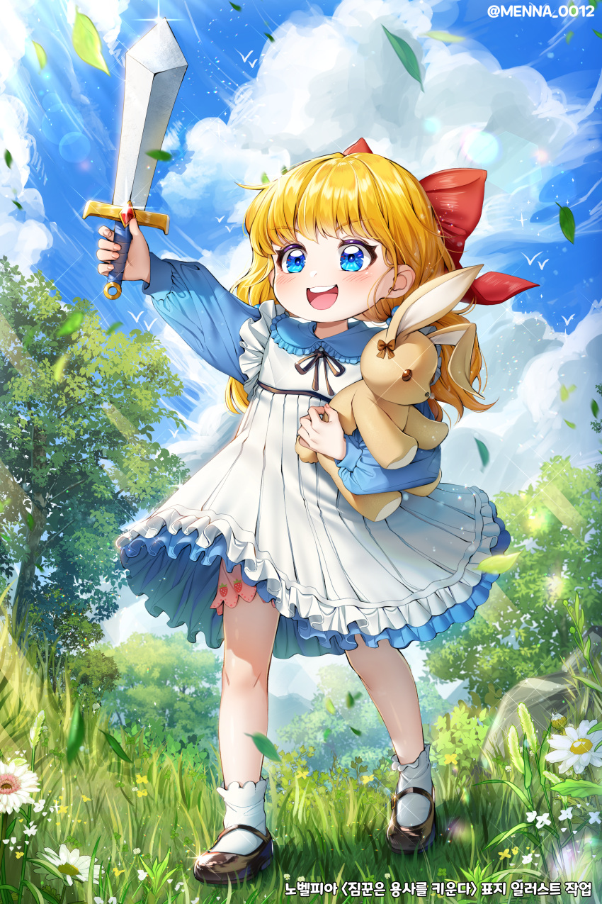 1girl :d absurdres bangs black_footwear black_ribbon blonde_hair blue_eyes blue_shirt blue_sky bow clouds cloudy_sky commentary_request copyright_request day dress flower food_print frilled_dress frills grass hair_bow highres holding holding_sword holding_weapon korean_commentary long_hair long_sleeves menna_(0012) neck_ribbon object_hug official_art outdoors outstretched_arm pink_shorts pleated_dress print_shorts puffy_long_sleeves puffy_sleeves red_bow ribbon round_teeth shirt shoes shorts shorts_under_dress sky sleeveless sleeveless_dress smile socks solo standing strawberry_print stuffed_animal stuffed_bunny stuffed_toy sword teeth tree twitter_username upper_teeth very_long_hair weapon white_dress white_flower white_socks