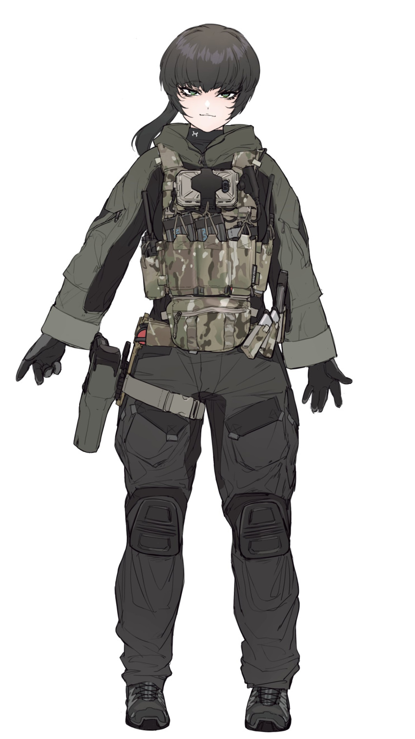 1girl absurdres alma01 ammunition_pouch black_hair bulletproof_vest fanny_pack full_body gloves green_eyes gun handgun highres hood hoodie knee_pads long_hair original phone ponytail pouch radio shoes sneakers tactical_clothes turtleneck weapon