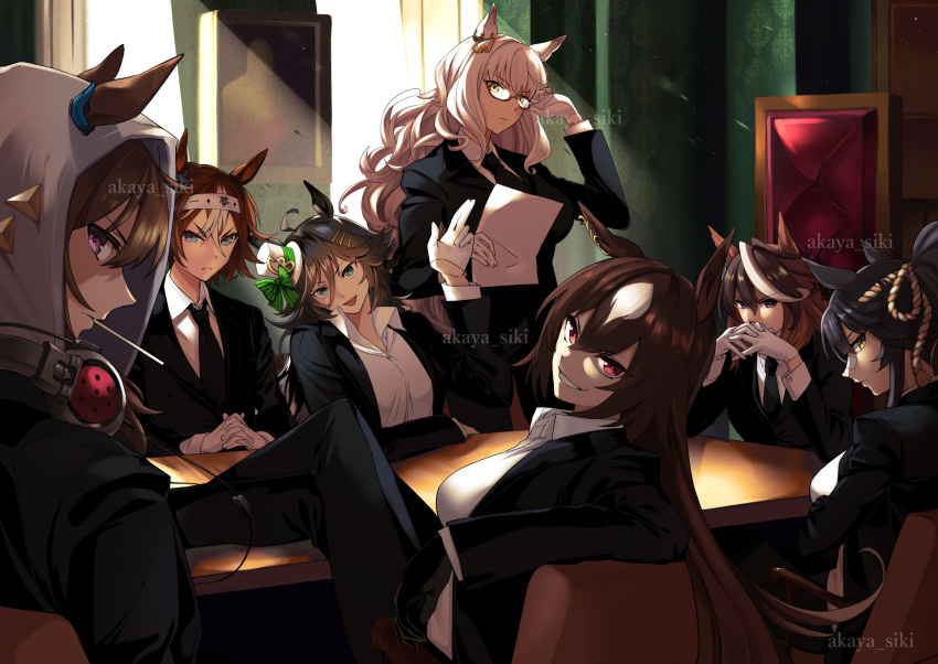 6+girls adjusting_eyewear akaya_shiki animal_ears bamboo_memory_(umamusume) bangs biwa_hayahide_(umamusume) black_hair blue_eyes breasts brown_hair ears_through_headwear feet_on_table formal gendou_pose glasses gloves grin hand_up hat headband headphones headphones_removed highres hood hood_up horse_ears indoors large_breasts long_hair mouth_hold mr._c.b._(umamusume) multicolored_hair multiple_girls nakayama_festa_(umamusume) narita_brian_(umamusume) necktie own_hands_clasped own_hands_together red_eyes sirius_symboli_(umamusume) smile suit symboli_rudolf_(umamusume) table top_hat twitter_username umamusume violet_eyes white_gloves white_hair yellow_eyes