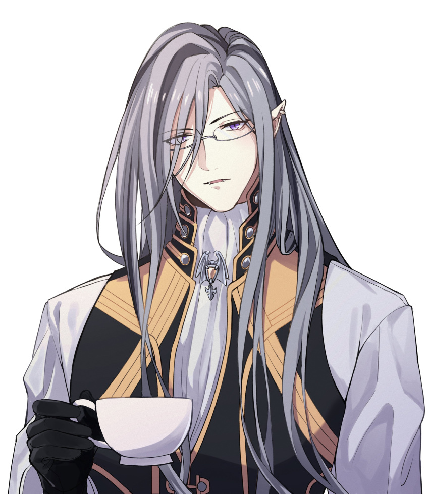 1boy absurdres akaie11 ascot black_gloves black_hair black_vest brooch commentary cup earrings english_commentary eyes_visible_through_hair fangs glasses gloves grey-framed_eyewear grey_hair hair_between_eyes highres holding holding_cup holostars holostars_english jewelry long_hair male_focus multicolored_hair noir_vesper parted_lips pointy_ears shirt simple_background slit_pupils solo streaked_hair teacup upper_body vest violet_eyes virtual_youtuber white_ascot white_background white_shirt