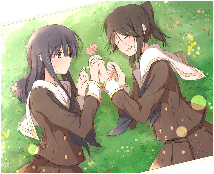 2girls bangs black_hair blue_hair blue_neckerchief blush brown_shirt brown_skirt closed_eyes closed_mouth flower grass hands_up hibike!_euphonium highres holding holding_flower holding_hands kasaki_nozomi kitauji_high_school_uniform liz_to_aoi_tori long_hair long_sleeves looking_at_another lying multiple_girls neckerchief on_grass on_ground parted_lips pink_eyes pleated_skirt ponytail sailor_collar sawara65 school_uniform serafuku shirt skirt smile uniform white_sailor_collar yoroizuka_mizore