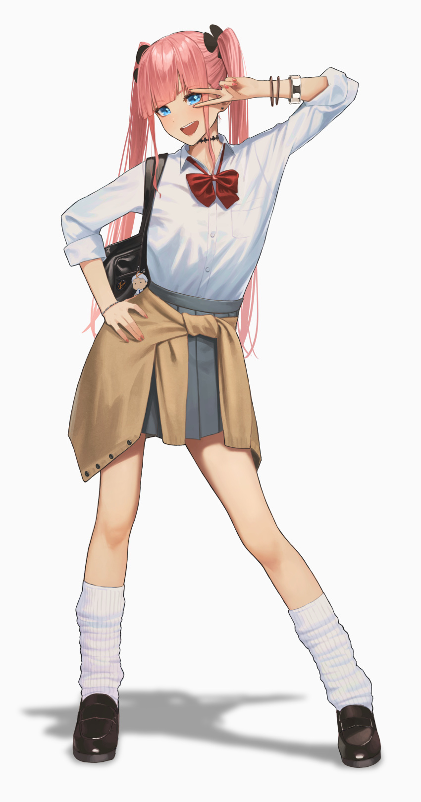 1girl absurdres bangs blue_eyes blunt_bangs bracelet choker full_body hand_on_hip hara_kenshi highres jewelry loafers long_hair looking_at_viewer loose_socks miniskirt open_mouth original pink_hair school_uniform shoes skirt solo standing teeth tongue twintails v