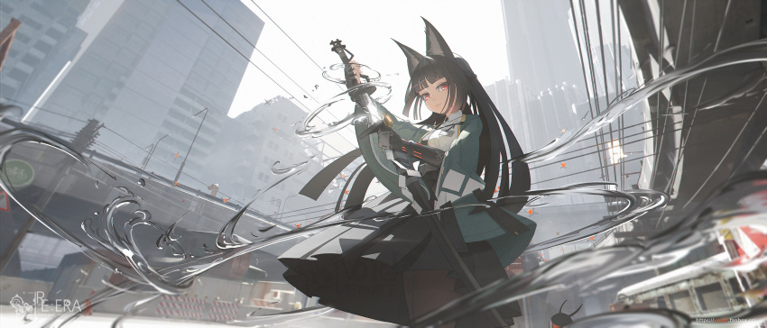 1girl absurdres animal_ears artist_name backlighting bangs black_hair black_necktie black_pantyhose bridge cable cape city cityscape closed_mouth collared_shirt drawing_sword fingerless_gloves gauntlets gloves highres holding holding_sword holding_weapon long_hair looking_at_viewer miyabi_(zenless_zone_zero) necktie outdoors pantyhose red_eyes scenery shirt single_fingerless_glove single_gauntlet skirt solo standing sword void_0 watermark weapon white_shirt zenless_zone_zero