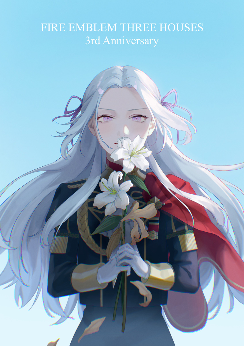 1girl black_jacket copyright_name e5nf8v edelgard_von_hresvelg fire_emblem fire_emblem:_three_houses floating_hair flower garreg_mach_monastery_uniform gloves hair_ribbon highres holding holding_flower jacket lily_(flower) long_hair looking_at_viewer pink_eyes purple_ribbon ribbon solo upper_body very_long_hair white_flower white_gloves white_hair