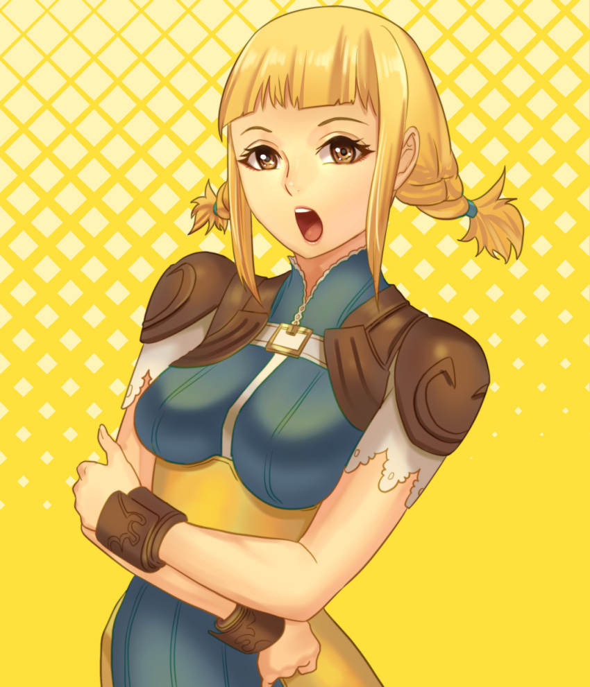 1girl blonde_hair blue_eyes bodysuit braid breasts final_fantasy final_fantasy_xii highres long_hair looking_at_viewer open_mouth penelo seed01010 simple_background solo twin_braids twintails