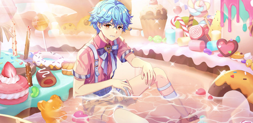 1boy afterl!fe blue_hair brown_eyes cake candy food highres jamie_(afterl!fe) looking_at_viewer male_focus official_art open_mouth pastel_colors second-party_source short_hair short_sleeves shorts solo suspenders sweets teeth