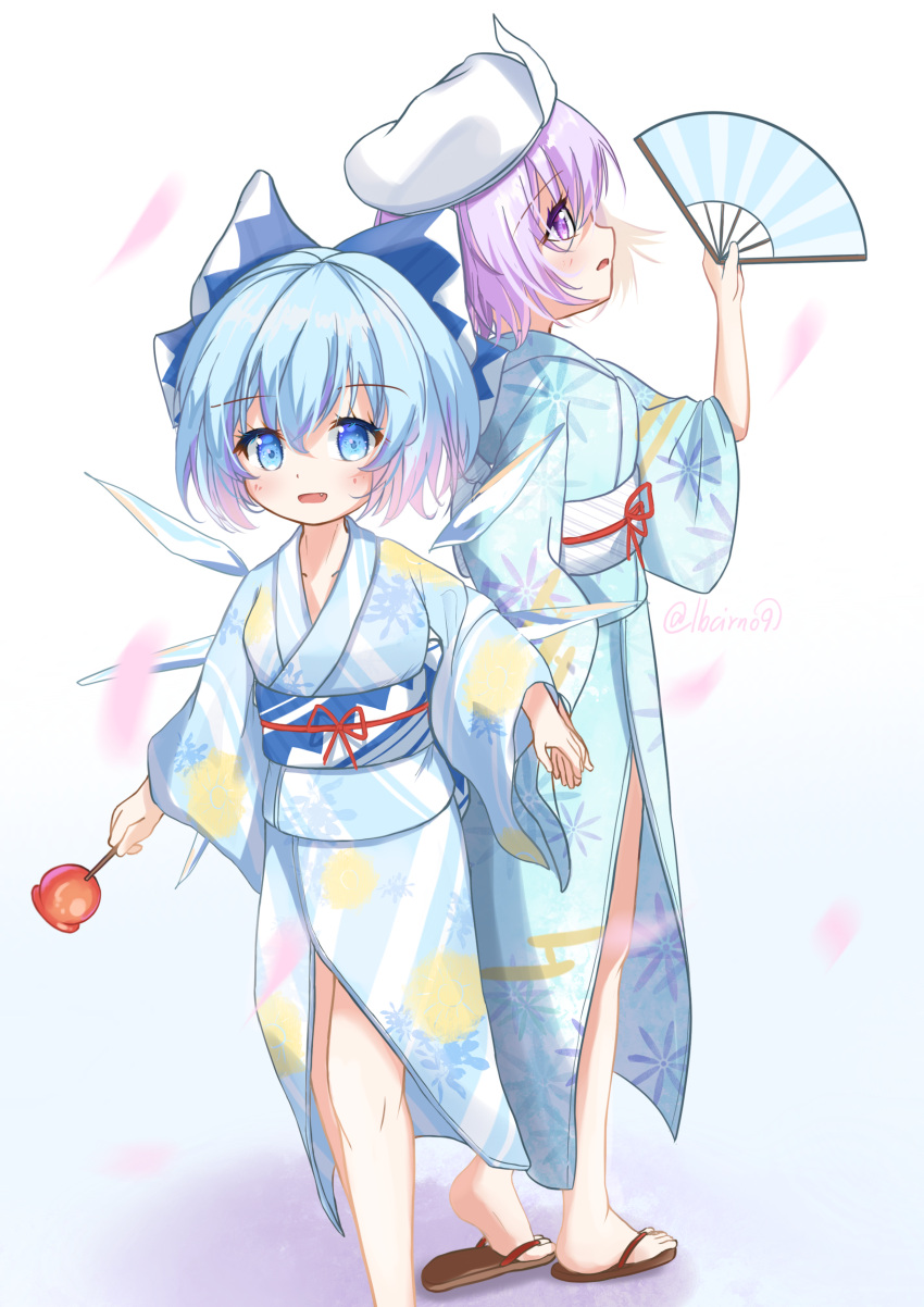 2girls absurdres alternate_costume blue_eyes blue_hair blue_kimono candy_apple cirno folding_fan food full_body hand_fan highres holding holding_fan holding_food japanese_clothes kimono lbcirno9 letty_whiterock looking_at_viewer multiple_girls open_mouth purple_hair sandals sash short_hair simple_background standing touhou violet_eyes white_background white_headwear