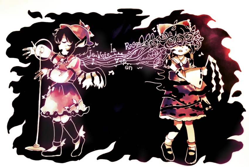 2girls animal_ears ascot bare_shoulders beamed_eighth_notes bird_ears bird_wings black_footwear black_thighhighs bow brown_dress brown_headwear closed_eyes detached_sleeves dress eighth_note fingernails flower frilled_dress frills gohei hair_bow hair_tubes hakurei_reimu hat japanese_clothes juliet_sleeves long_fingernails long_sleeves multiple_girls music musical_note mystia_lorelei nail_polish nontraditional_miko open_mouth puffy_sleeves red_bow red_skirt ribbon-trimmed_sleeves ribbon_trim rose sharp_fingernails shoes short_hair sidelocks singing skirt smile thigh-highs touhou white_sleeves white_wings wide_sleeves winged_footwear winged_hat wings yaoriye yellow_ascot