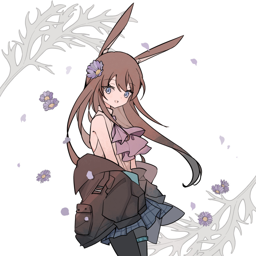 1girl :d amiya_(arknights) animal_ears arknights ascot bare_shoulders bevelled_mirror black_jacket black_panties blue_ascot blue_eyes blue_flower blue_skirt brown_hair cowboy_shot flower hair_flower hair_ornament highres jacket long_hair looking_at_viewer off_shoulder open_clothes open_jacket open_mouth panties plaid plaid_skirt rabbit_ears rabbit_girl shirt simple_background skirt sleeveless sleeveless_shirt smile solo thighlet underwear white_background white_shirt
