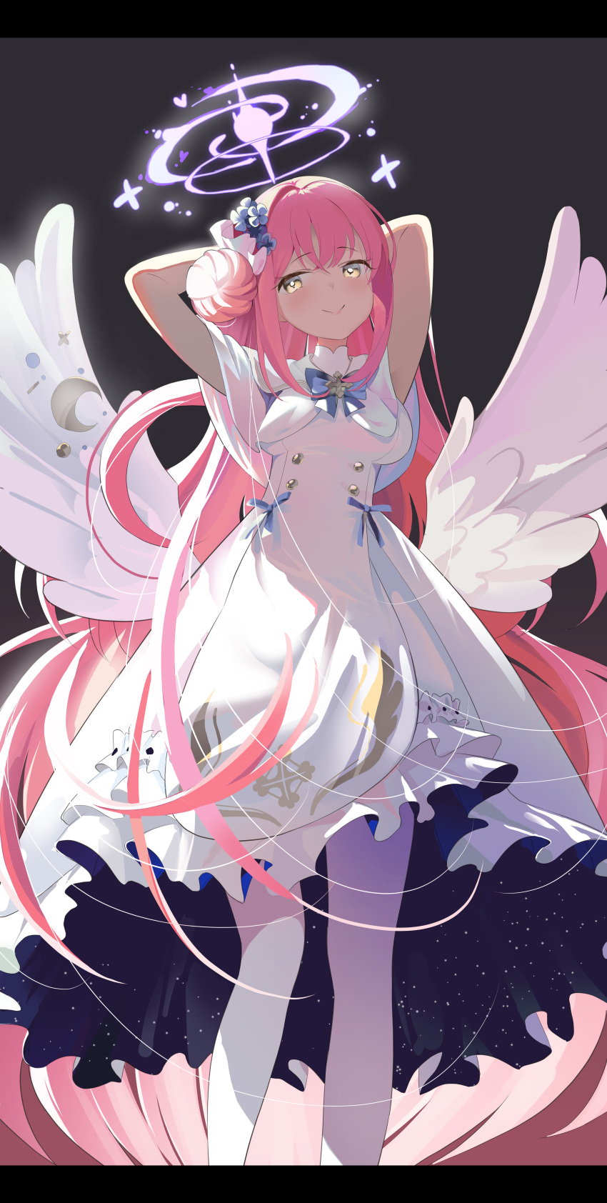 1girl absurdres angel_wings arms_behind_head arms_up bangs blue_archive blush bow breasts capelet dress feathered_wings flower frilled_dress frills hair_bun hair_flower hair_ornament halo highres letterboxed long_hair looking_at_viewer mika_(blue_archive) pink_hair scrunchie shiratama_mochi single_hair_bun single_side_bun sleeveless sleeveless_dress smile solo very_long_hair white_dress white_wings wings yellow_eyes